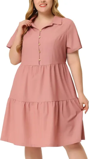 Agnes Orinda Plus Size Chambray Dress for Women Short Sleeve Button Down Flowy Tiered Shirt Dresses