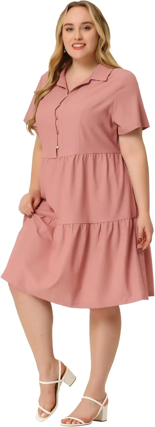 Agnes Orinda Plus Size Chambray Dress for Women Short Sleeve Button Down Flowy Tiered Shirt Dresses