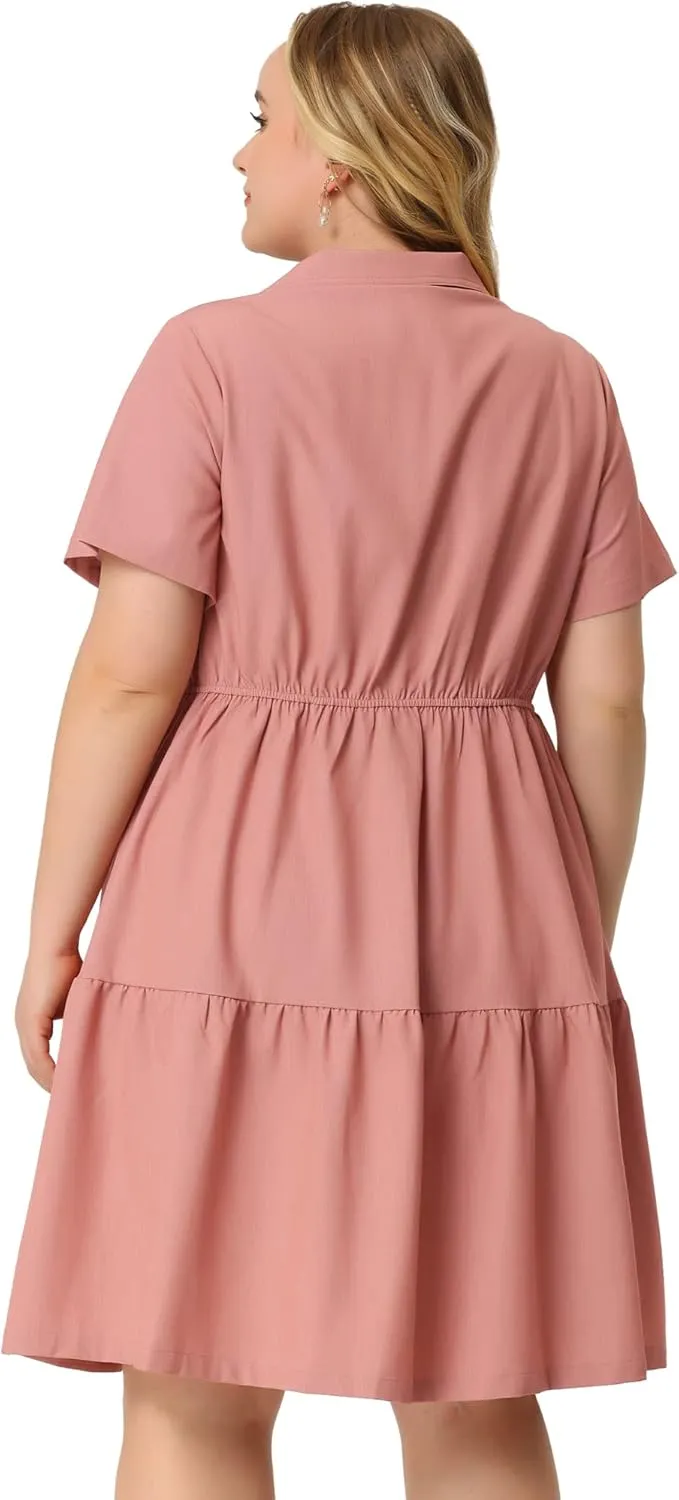 Agnes Orinda Plus Size Chambray Dress for Women Short Sleeve Button Down Flowy Tiered Shirt Dresses