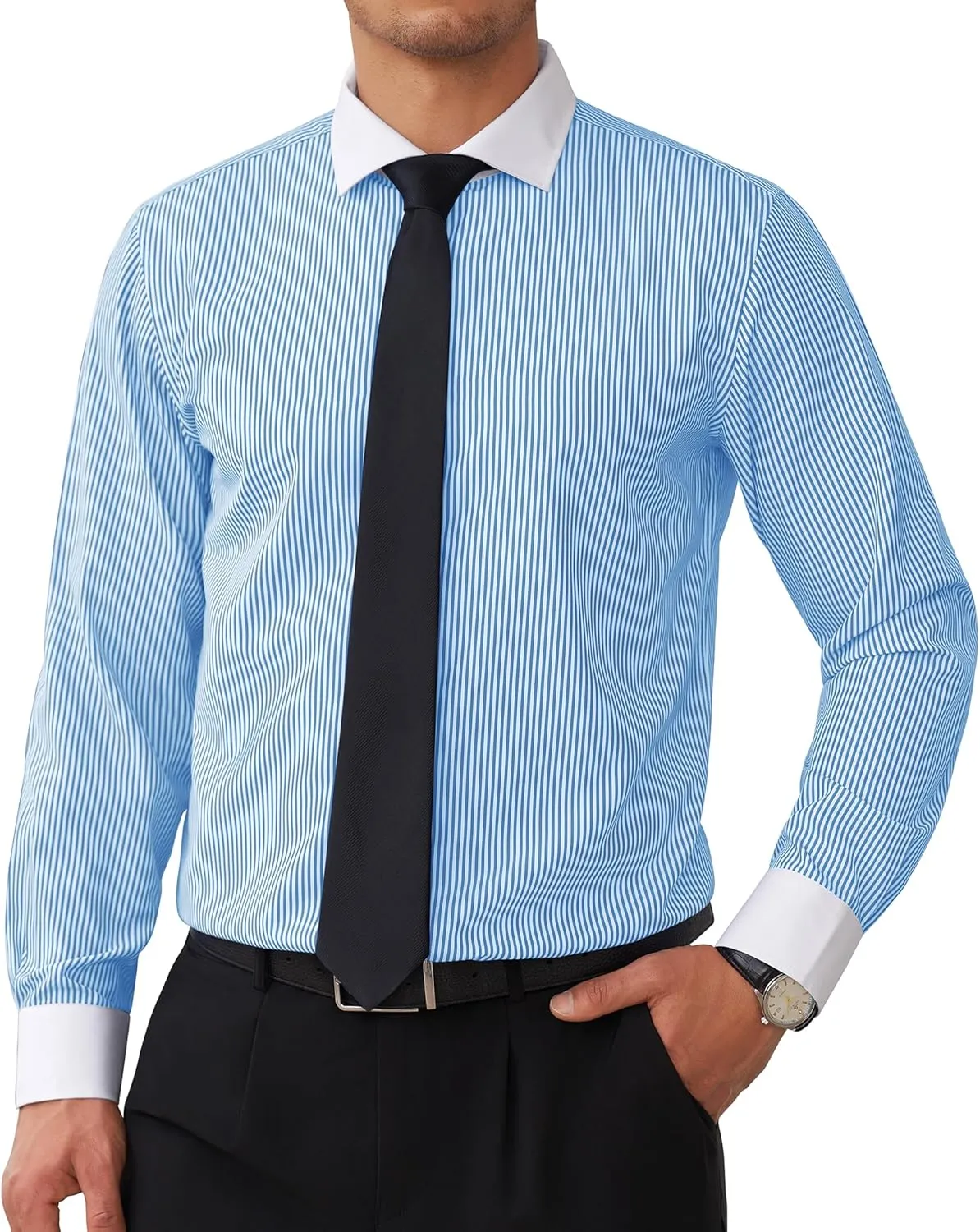 Alimens & Gentle Mens Dress Shirt for Men Striped Button Down Shirts Long Sleeve Wrinkle Resistant Regular Fit