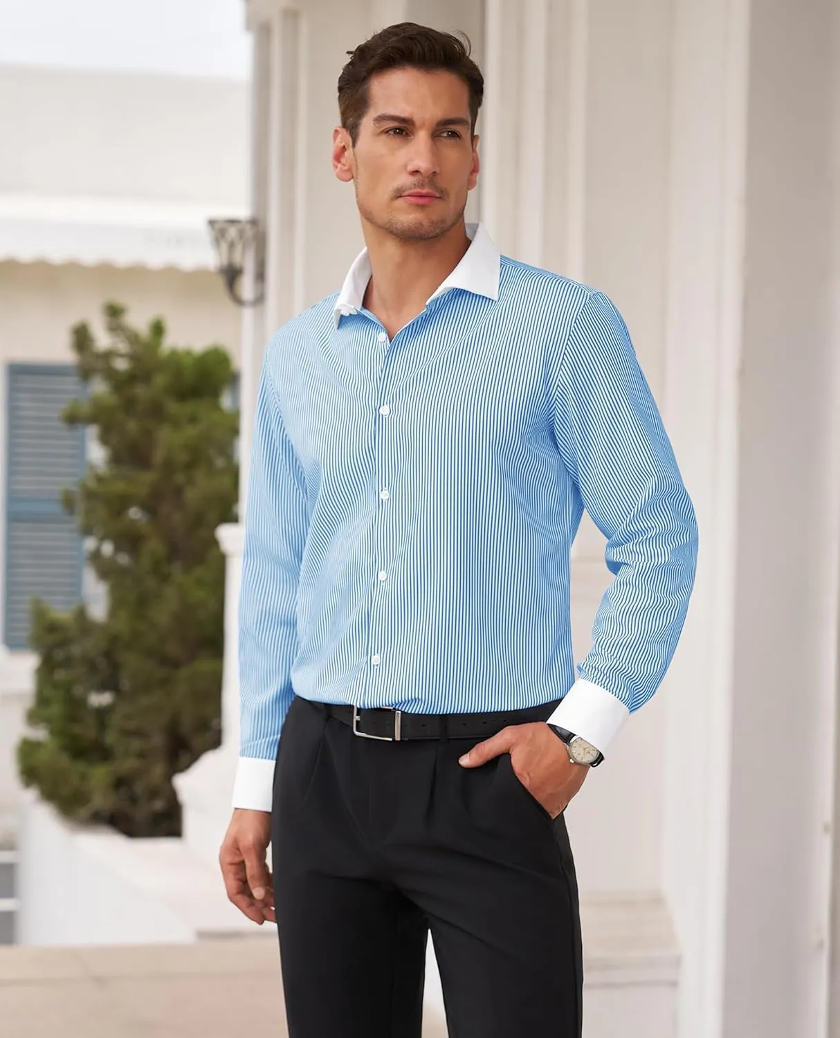Alimens & Gentle Mens Dress Shirt for Men Striped Button Down Shirts Long Sleeve Wrinkle Resistant Regular Fit