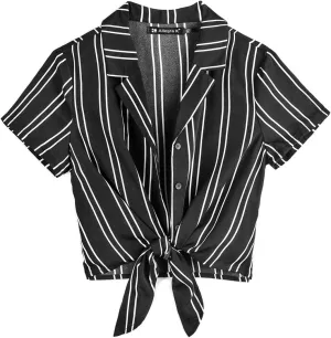 Allegra K Women's Striped Button Up Lapel Collar Top Short Sleeve Tie Front Crop Shirt