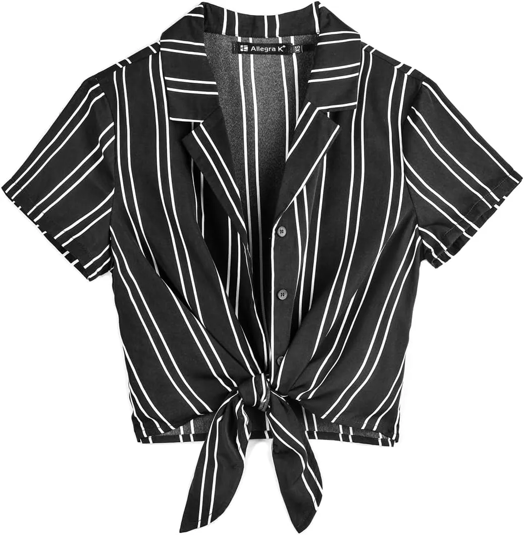Allegra K Women's Striped Button Up Lapel Collar Top Short Sleeve Tie Front Crop Shirt