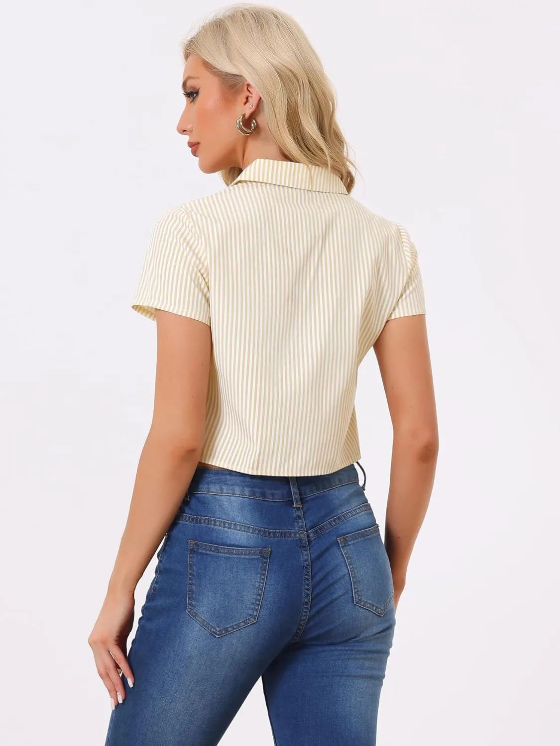 Allegra K Women's Striped Button Up Lapel Collar Top Short Sleeve Tie Front Crop Shirt