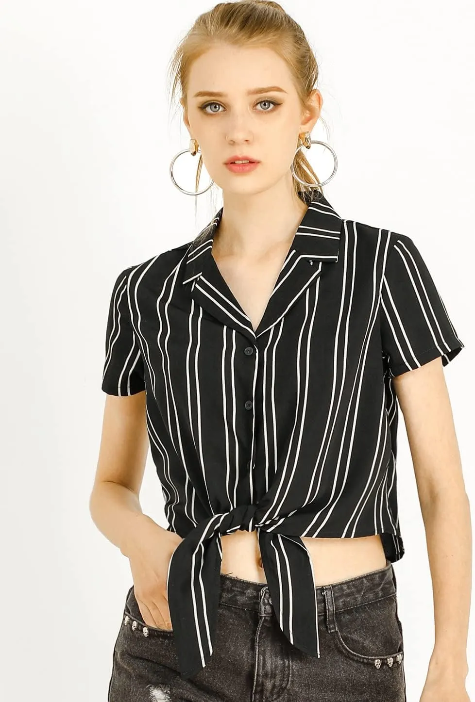 Allegra K Women's Striped Button Up Lapel Collar Top Short Sleeve Tie Front Crop Shirt