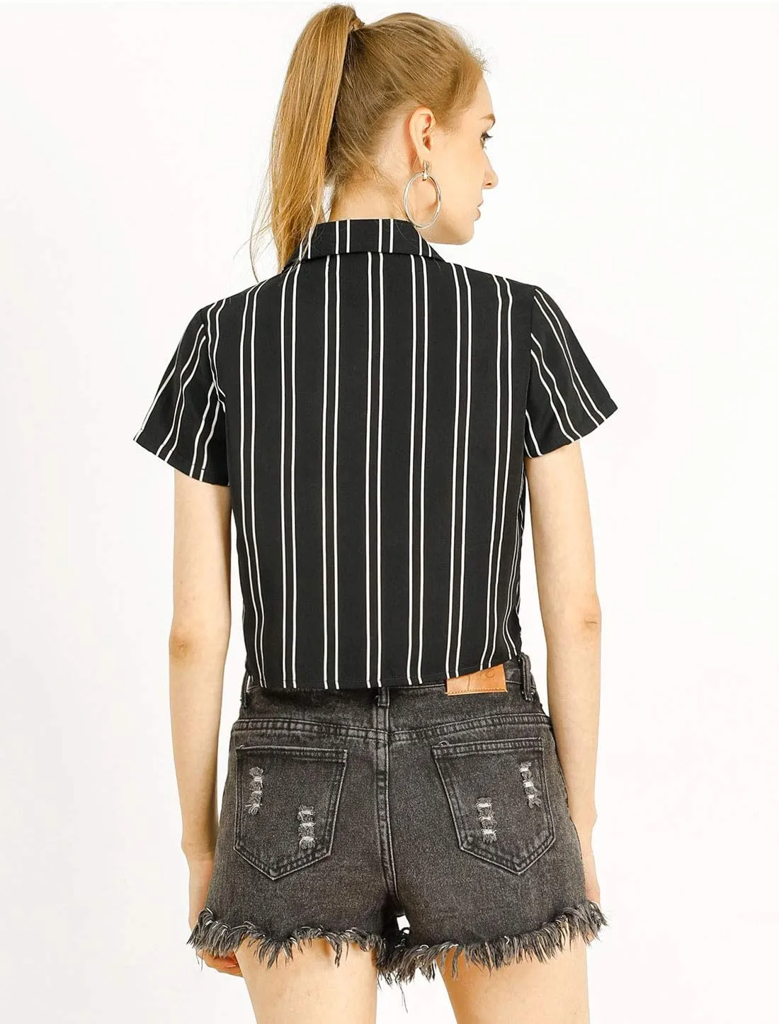 Allegra K Women's Striped Button Up Lapel Collar Top Short Sleeve Tie Front Crop Shirt
