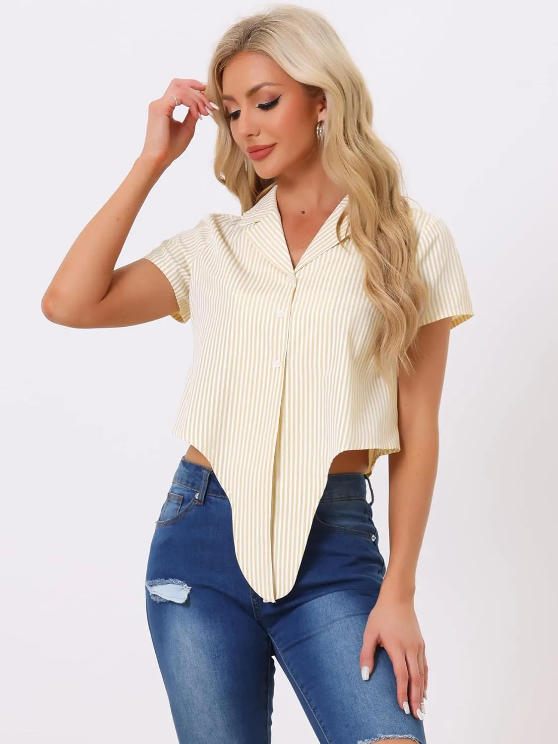 Allegra K Women's Striped Button Up Lapel Collar Top Short Sleeve Tie Front Crop Shirt
