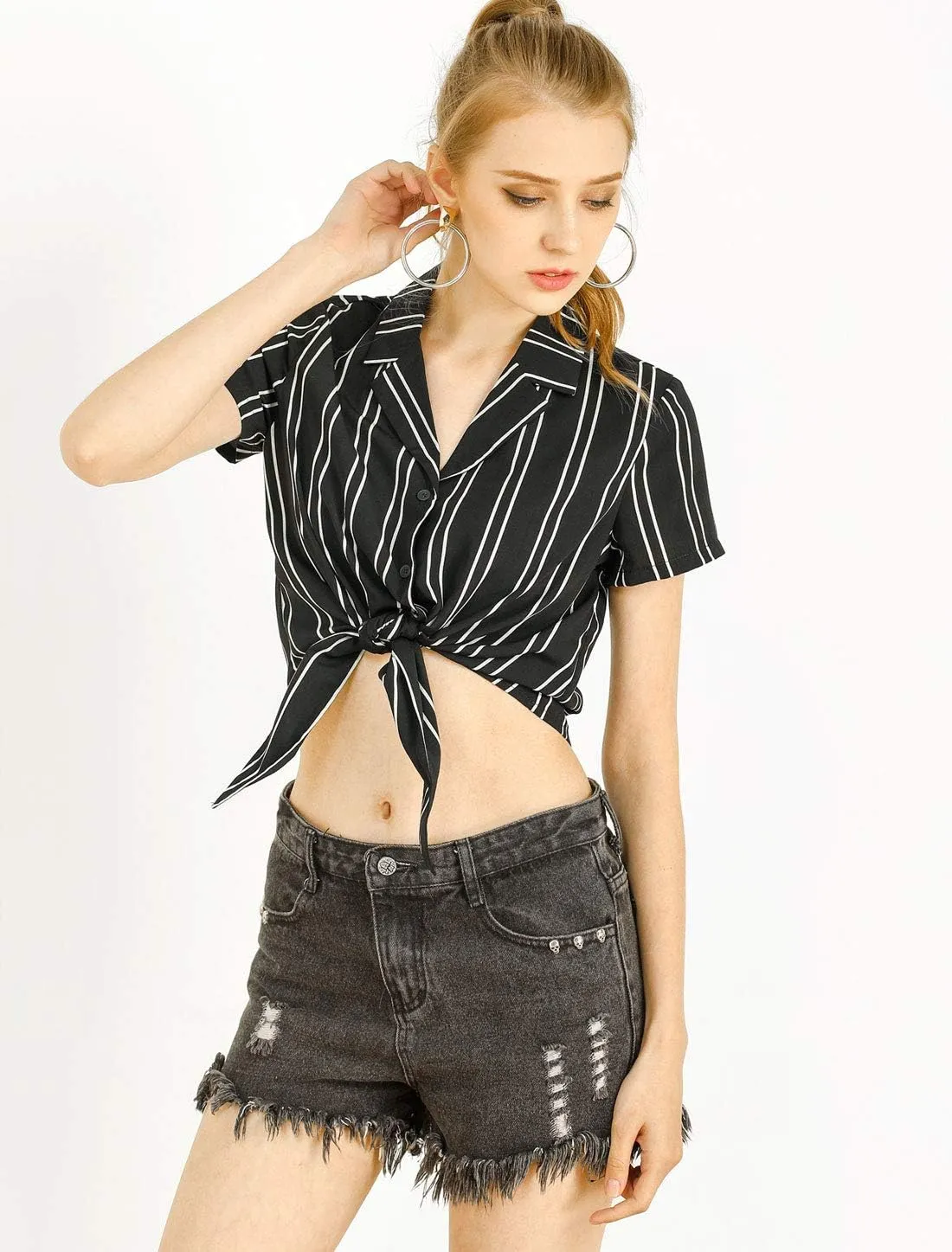 Allegra K Women's Striped Button Up Lapel Collar Top Short Sleeve Tie Front Crop Shirt