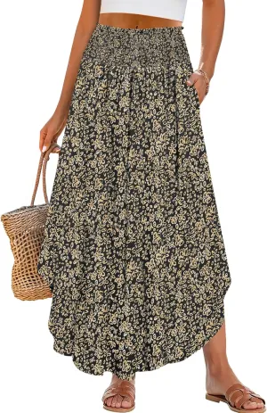 ANRABESS Women's Summer Boho Floral Maxi Skirts High Waisted Flowy Swing Pleated Beach Long Skirt with Pockets