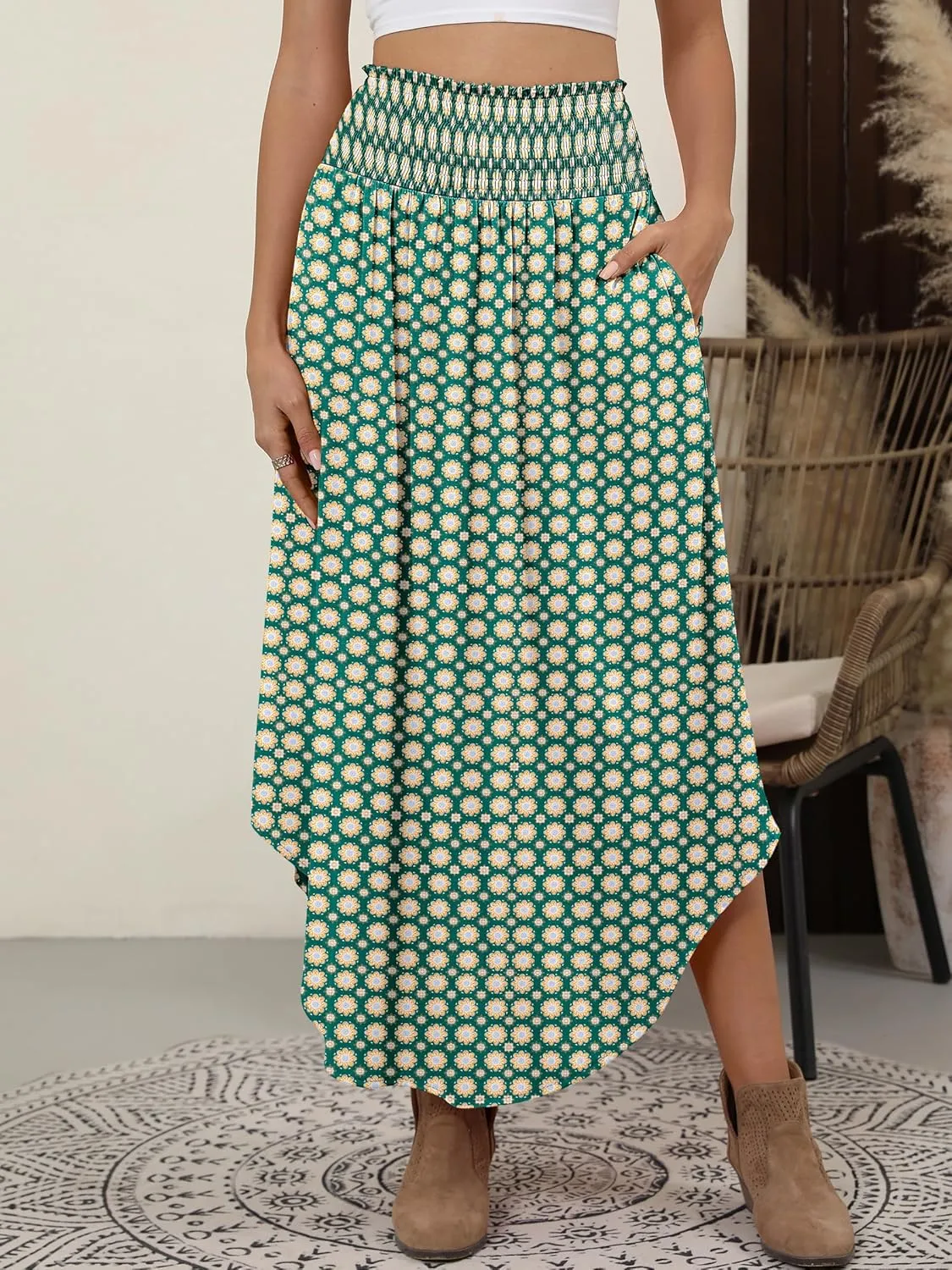 ANRABESS Women's Summer Boho Floral Maxi Skirts High Waisted Flowy Swing Pleated Beach Long Skirt with Pockets