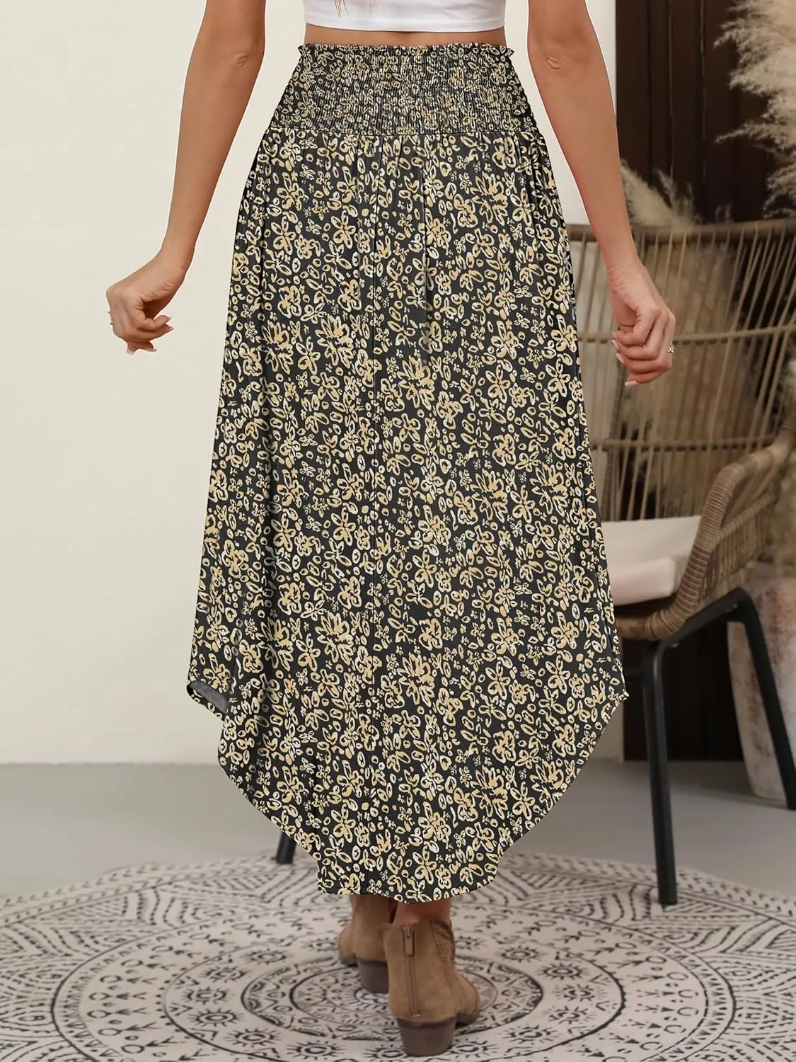 ANRABESS Women's Summer Boho Floral Maxi Skirts High Waisted Flowy Swing Pleated Beach Long Skirt with Pockets