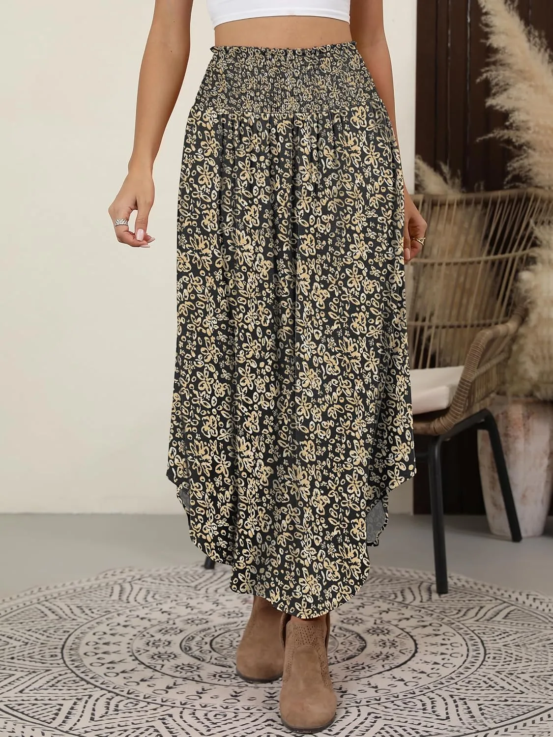 ANRABESS Women's Summer Boho Floral Maxi Skirts High Waisted Flowy Swing Pleated Beach Long Skirt with Pockets