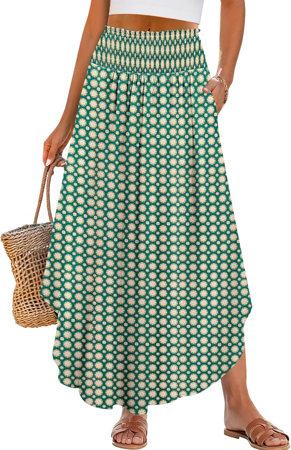 ANRABESS Women's Summer Boho Floral Maxi Skirts High Waisted Flowy Swing Pleated Beach Long Skirt with Pockets