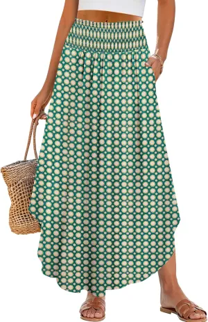 ANRABESS Women's Summer Boho Floral Maxi Skirts High Waisted Flowy Swing Pleated Beach Long Skirt with Pockets