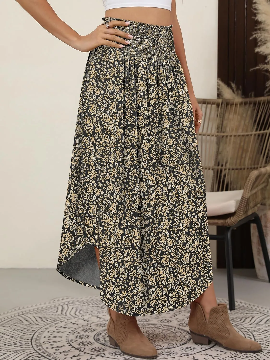ANRABESS Women's Summer Boho Floral Maxi Skirts High Waisted Flowy Swing Pleated Beach Long Skirt with Pockets