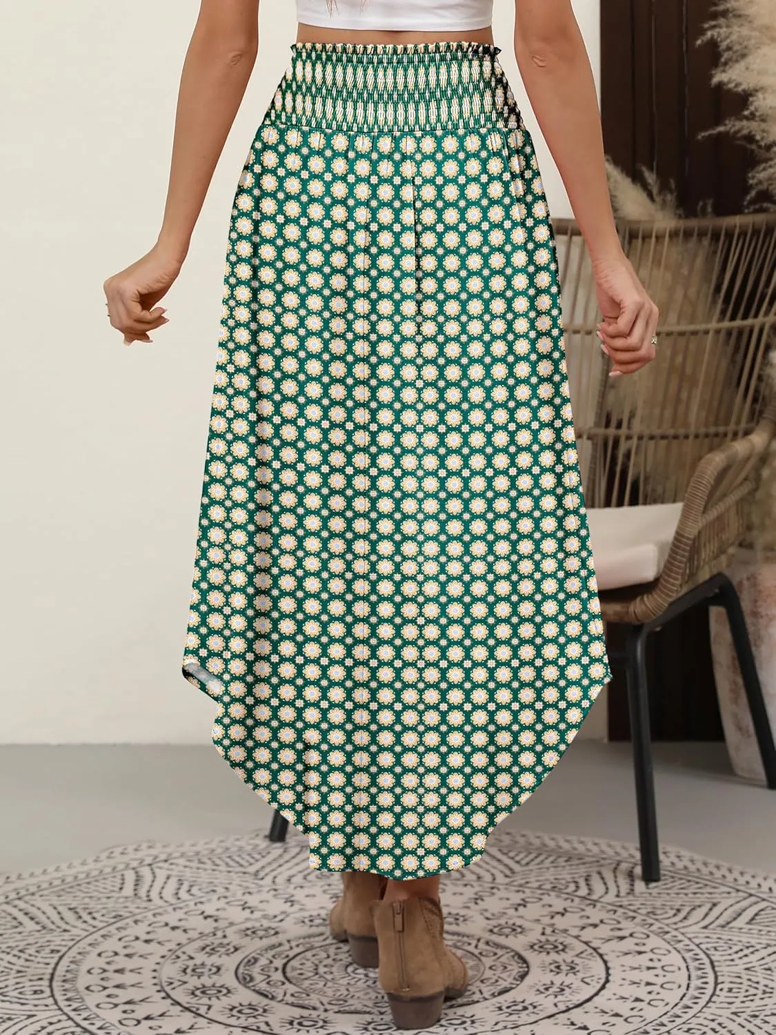 ANRABESS Women's Summer Boho Floral Maxi Skirts High Waisted Flowy Swing Pleated Beach Long Skirt with Pockets