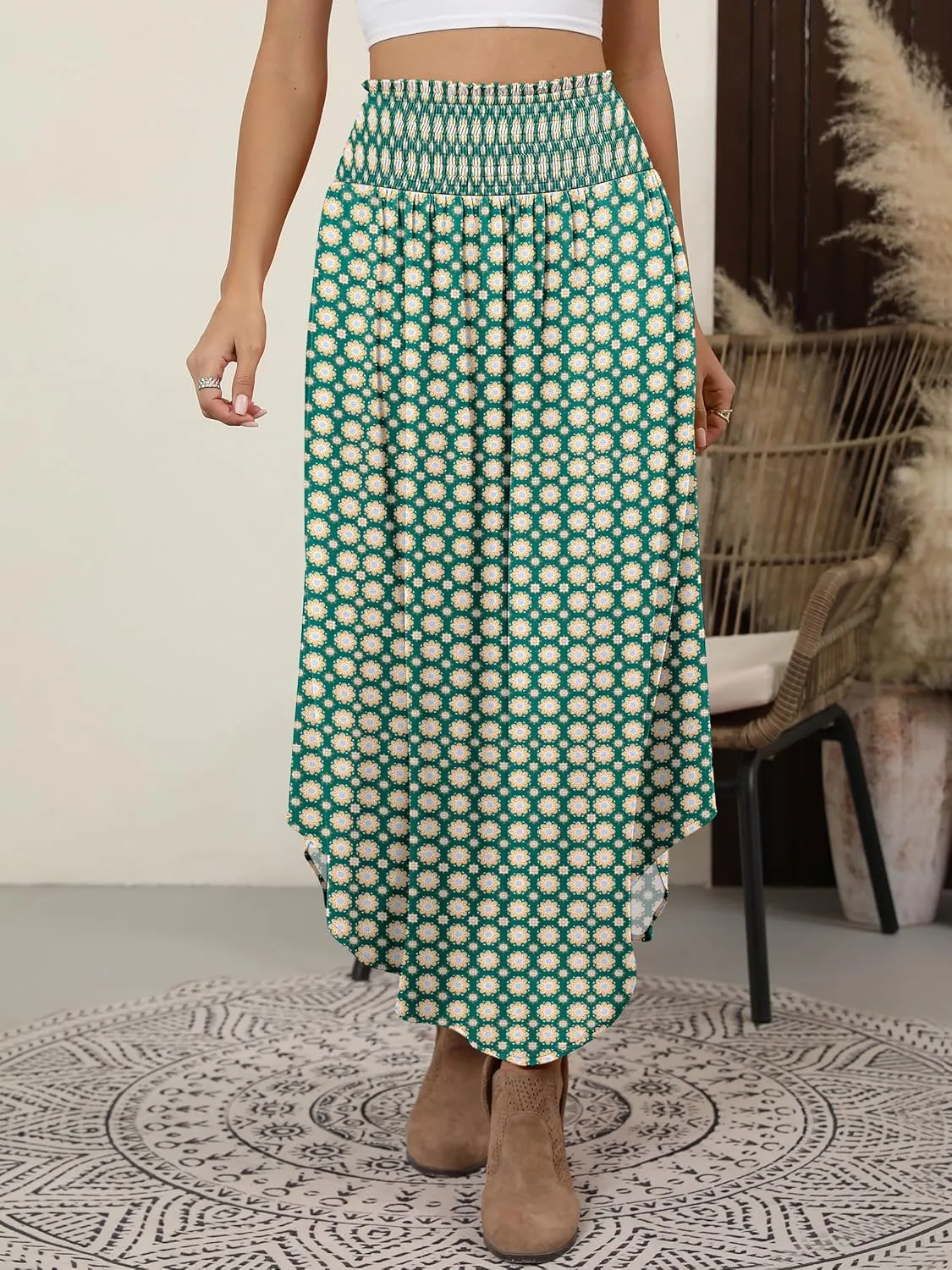 ANRABESS Women's Summer Boho Floral Maxi Skirts High Waisted Flowy Swing Pleated Beach Long Skirt with Pockets