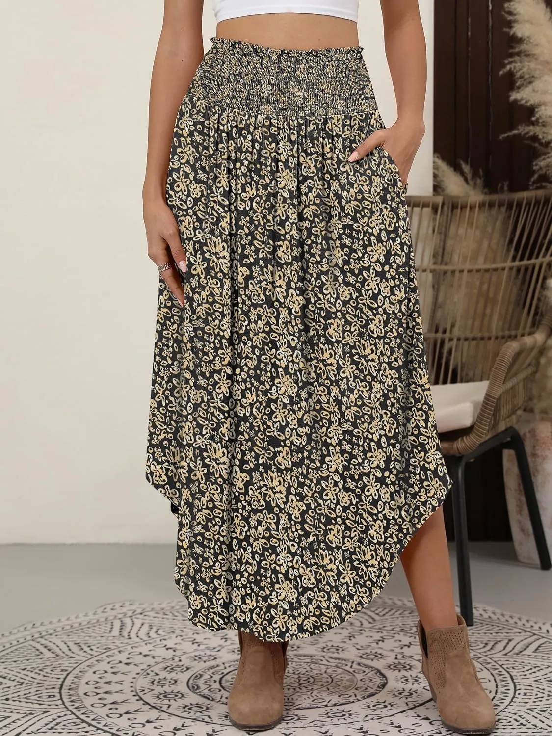 ANRABESS Women's Summer Boho Floral Maxi Skirts High Waisted Flowy Swing Pleated Beach Long Skirt with Pockets