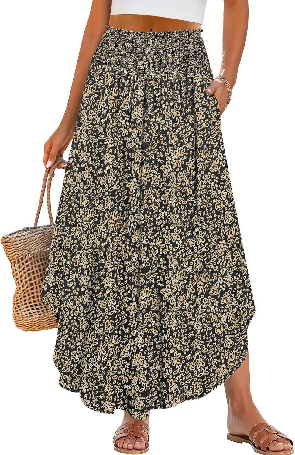 ANRABESS Women's Summer Boho Floral Maxi Skirts High Waisted Flowy Swing Pleated Beach Long Skirt with Pockets