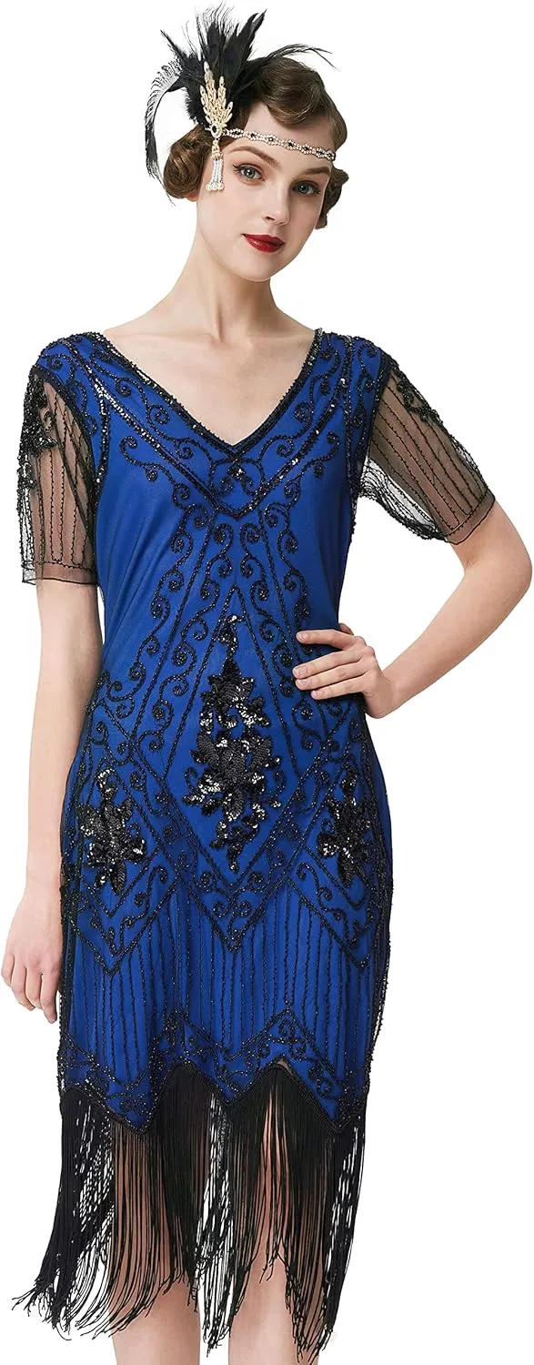 BABEYOND 1920s Art Deco Fringed Sequin Dress Roaring 20s Flapper Fancy Dress