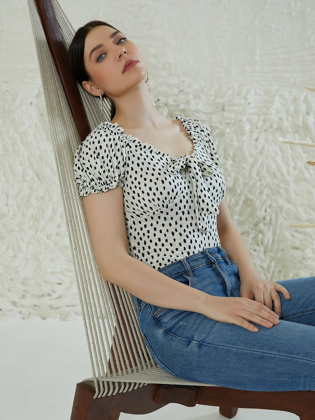 Berrylush Women White & Black Polka Dot Printed Halter Neck Cold-Shoulder Ruffled Regular Top