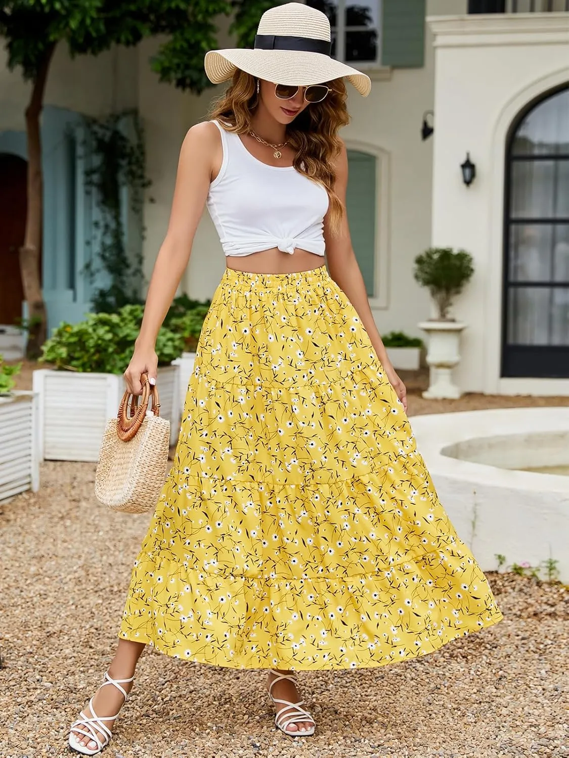 Berydress Long Skirts for Women Trendy Elastic Waist Flowy Summer Ankle Length Boho Flared A Line Tiered Maxi Skirt