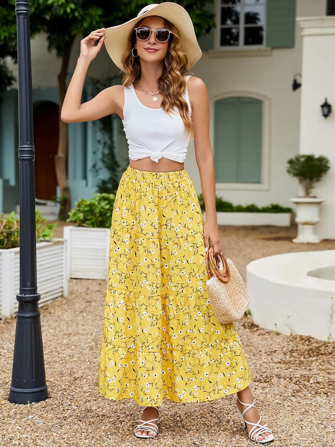Berydress Long Skirts for Women Trendy Elastic Waist Flowy Summer Ankle Length Boho Flared A Line Tiered Maxi Skirt