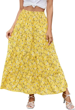 Berydress Long Skirts for Women Trendy Elastic Waist Flowy Summer Ankle Length Boho Flared A Line Tiered Maxi Skirt