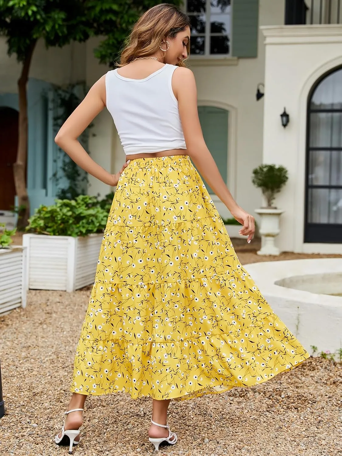 Berydress Long Skirts for Women Trendy Elastic Waist Flowy Summer Ankle Length Boho Flared A Line Tiered Maxi Skirt