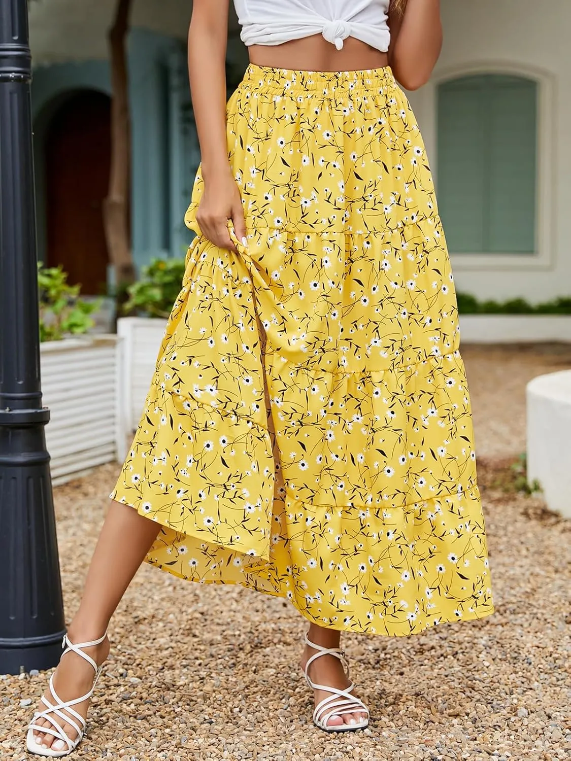 Berydress Long Skirts for Women Trendy Elastic Waist Flowy Summer Ankle Length Boho Flared A Line Tiered Maxi Skirt