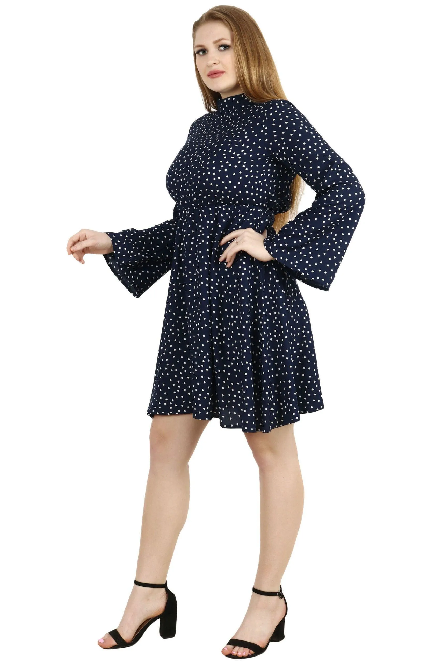 Blue Polka Dots Printed Back Tie Dress