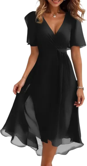Boho Dresses for Women,2025 Summer Trendy Floral Chiffon Midi Dress,Elegant V Neck Belted Flowy Beach Vacation Dress