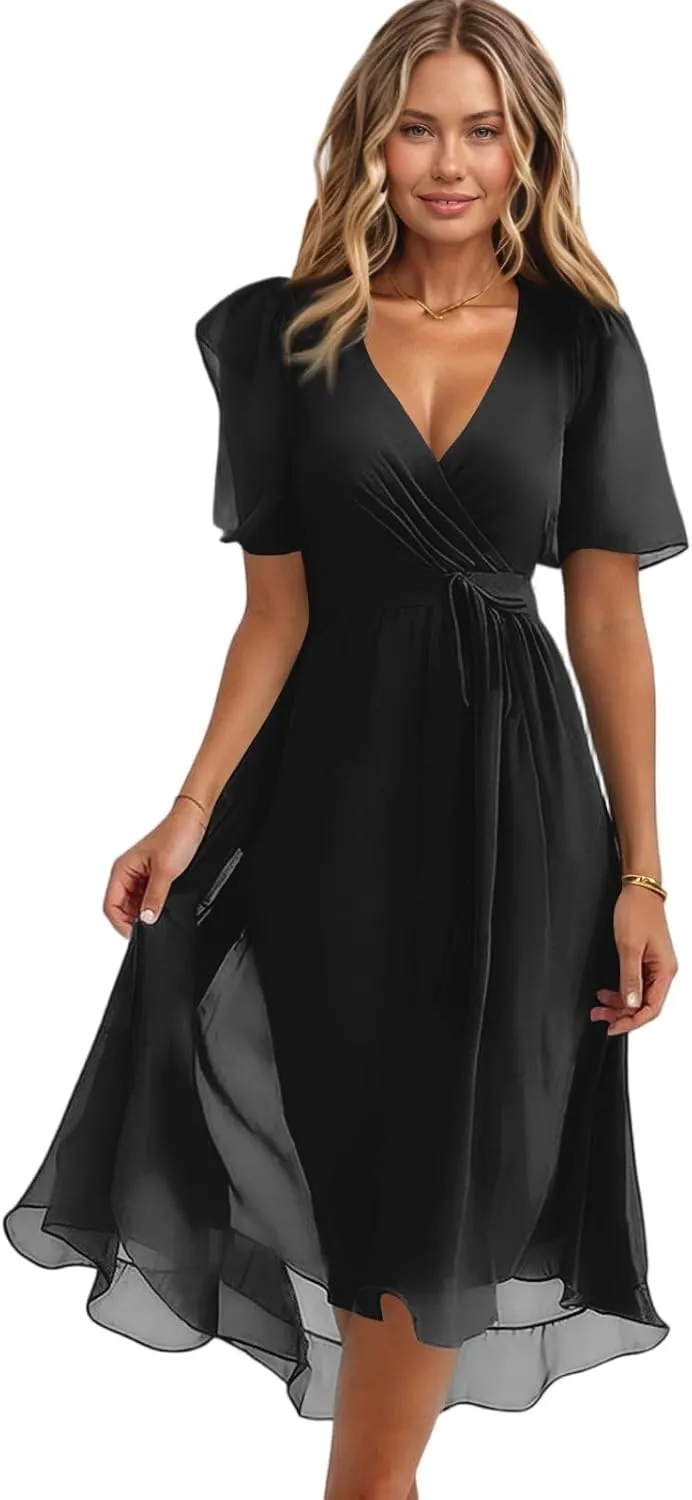 Boho Dresses for Women,2025 Summer Trendy Floral Chiffon Midi Dress,Elegant V Neck Belted Flowy Beach Vacation Dress