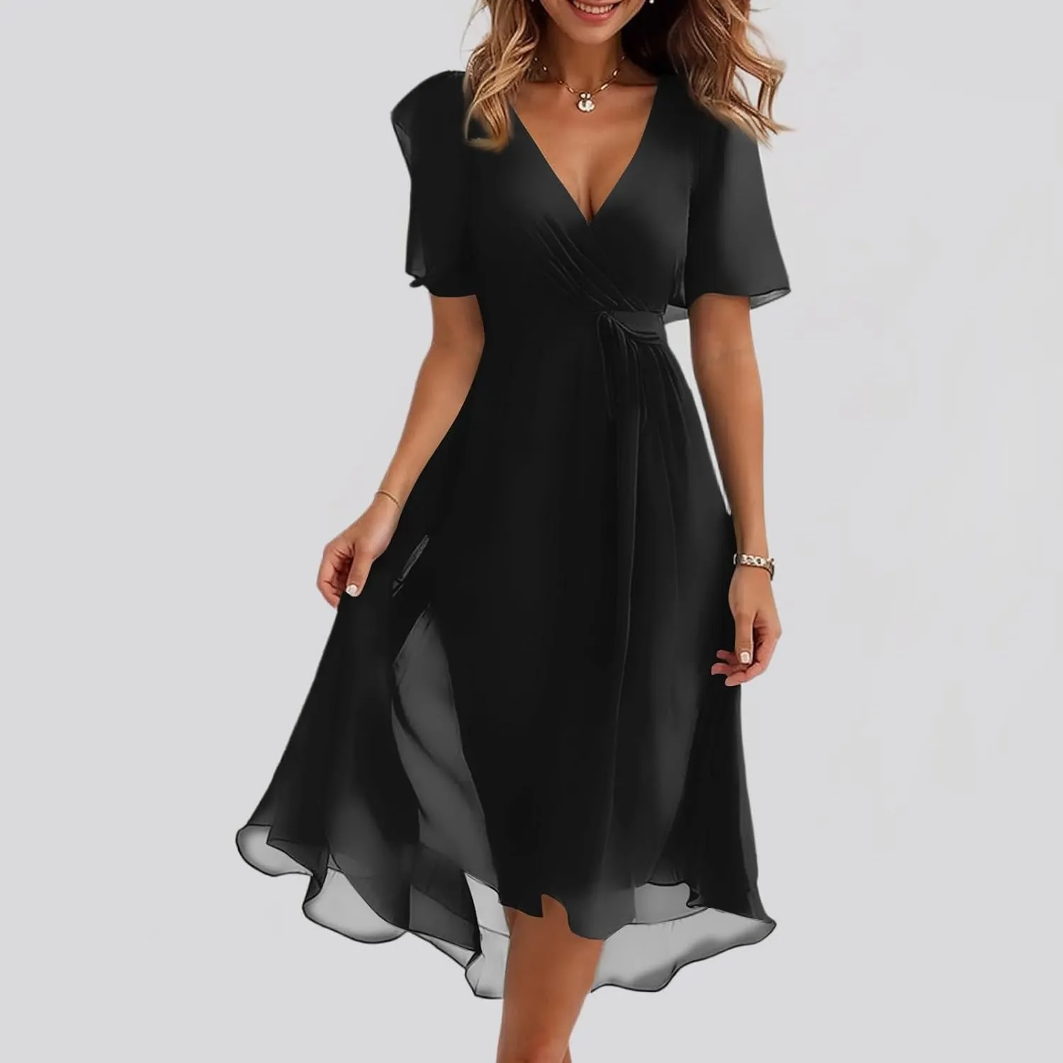 Boho Dresses for Women,2025 Summer Trendy Floral Chiffon Midi Dress,Elegant V Neck Belted Flowy Beach Vacation Dress