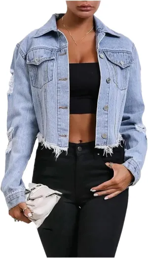 Casual Loose-Fit Long Sleeve Cropped Denim Jacket For Women Ripped Frayed Hem Jean Coat
