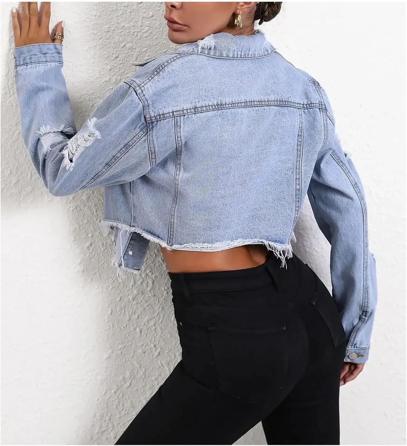 Casual Loose-Fit Long Sleeve Cropped Denim Jacket For Women Ripped Frayed Hem Jean Coat