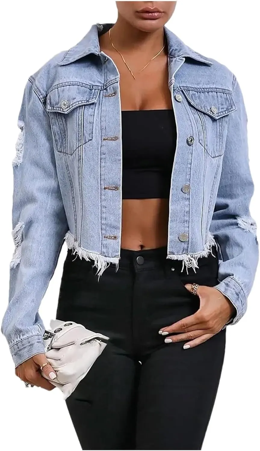 Casual Loose-Fit Long Sleeve Cropped Denim Jacket For Women Ripped Frayed Hem Jean Coat