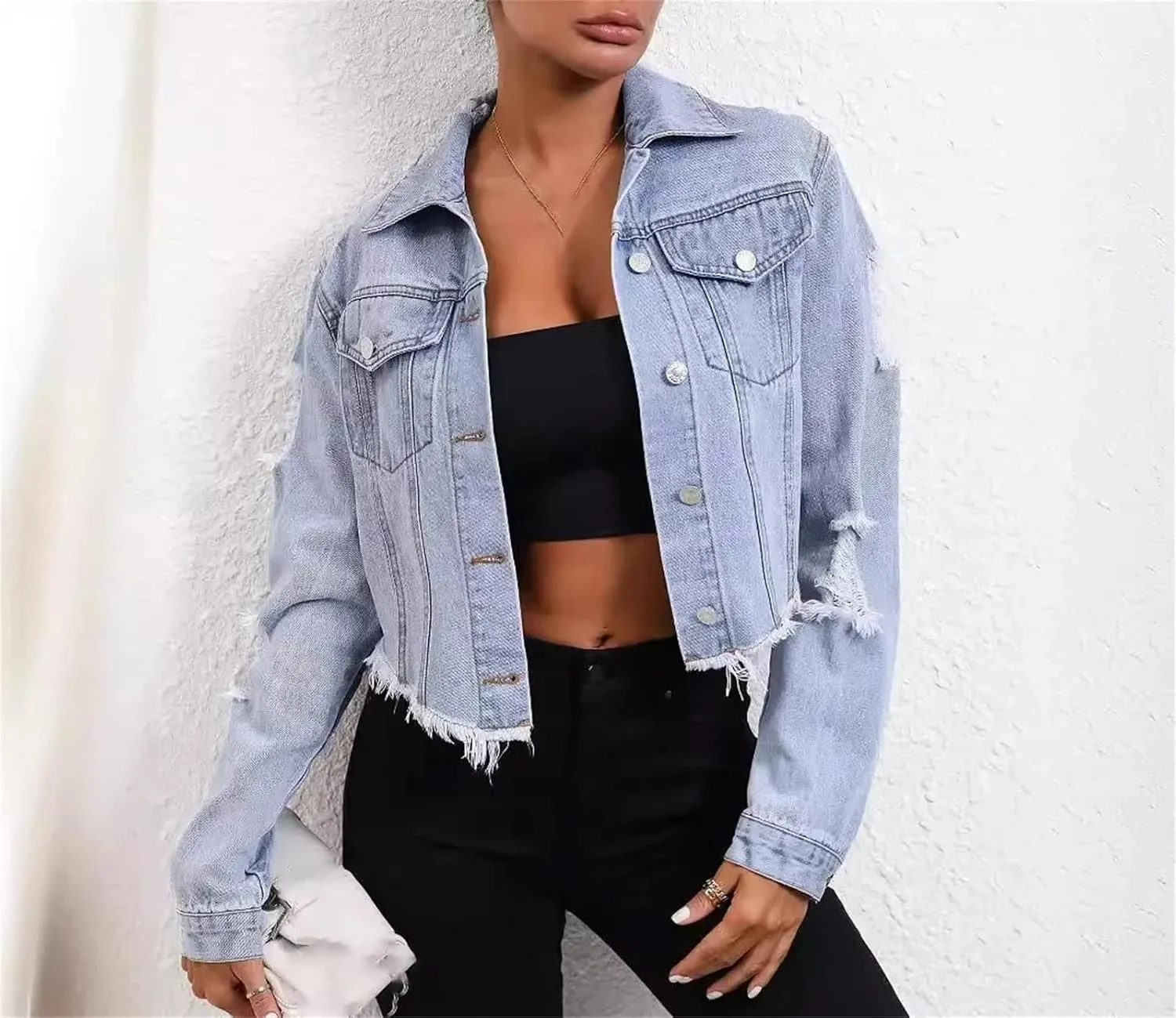 Casual Loose-Fit Long Sleeve Cropped Denim Jacket For Women Ripped Frayed Hem Jean Coat