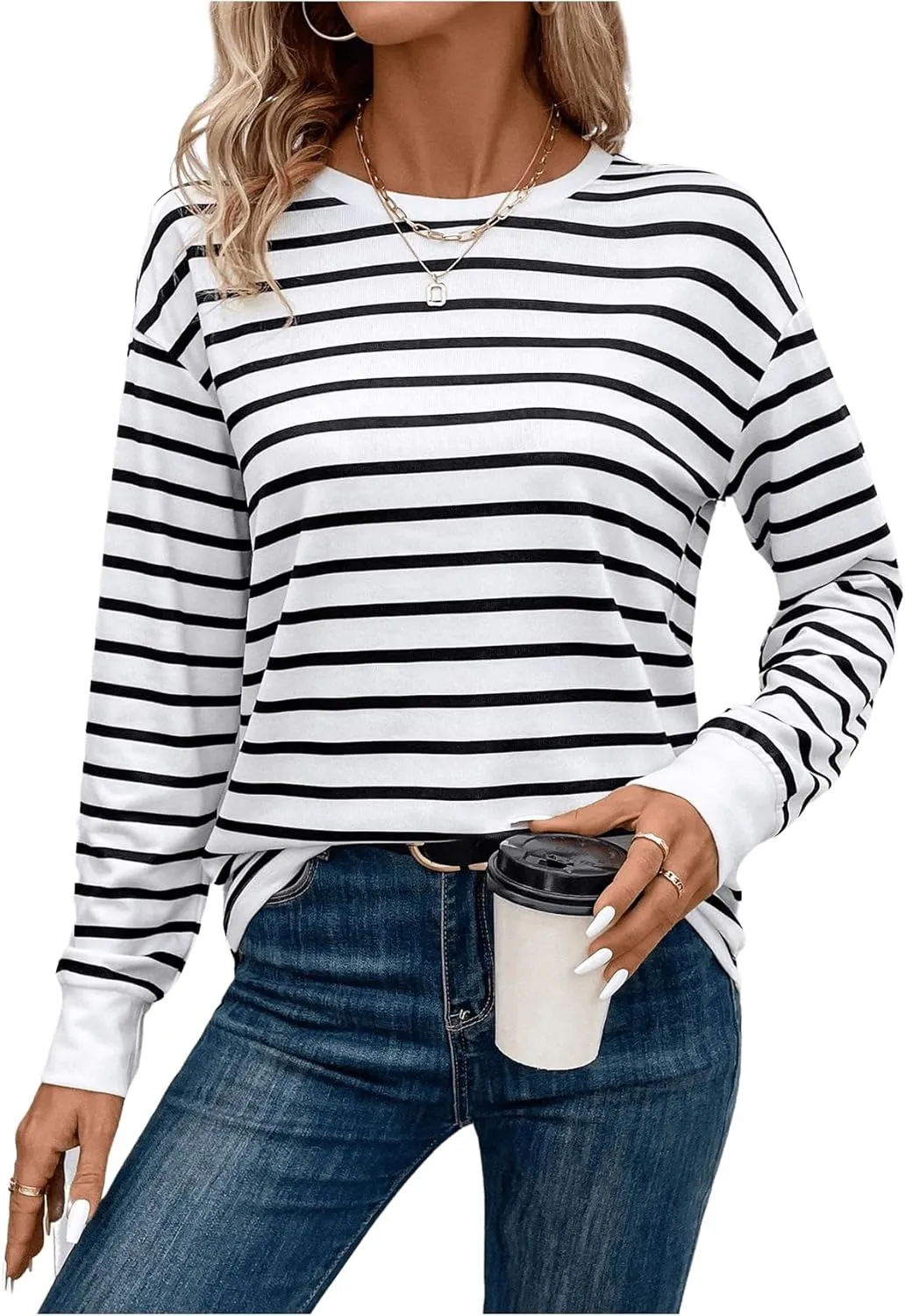 COZYEASE Women's Striped Long Sleeve Shirts Casual Crewneck Drop Shoulder Tops Basic Tees T Shirts