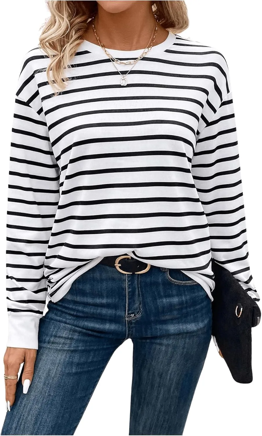 COZYEASE Women's Striped Long Sleeve Shirts Casual Crewneck Drop Shoulder Tops Basic Tees T Shirts