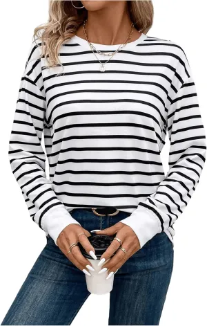 COZYEASE Women's Striped Long Sleeve Shirts Casual Crewneck Drop Shoulder Tops Basic Tees T Shirts