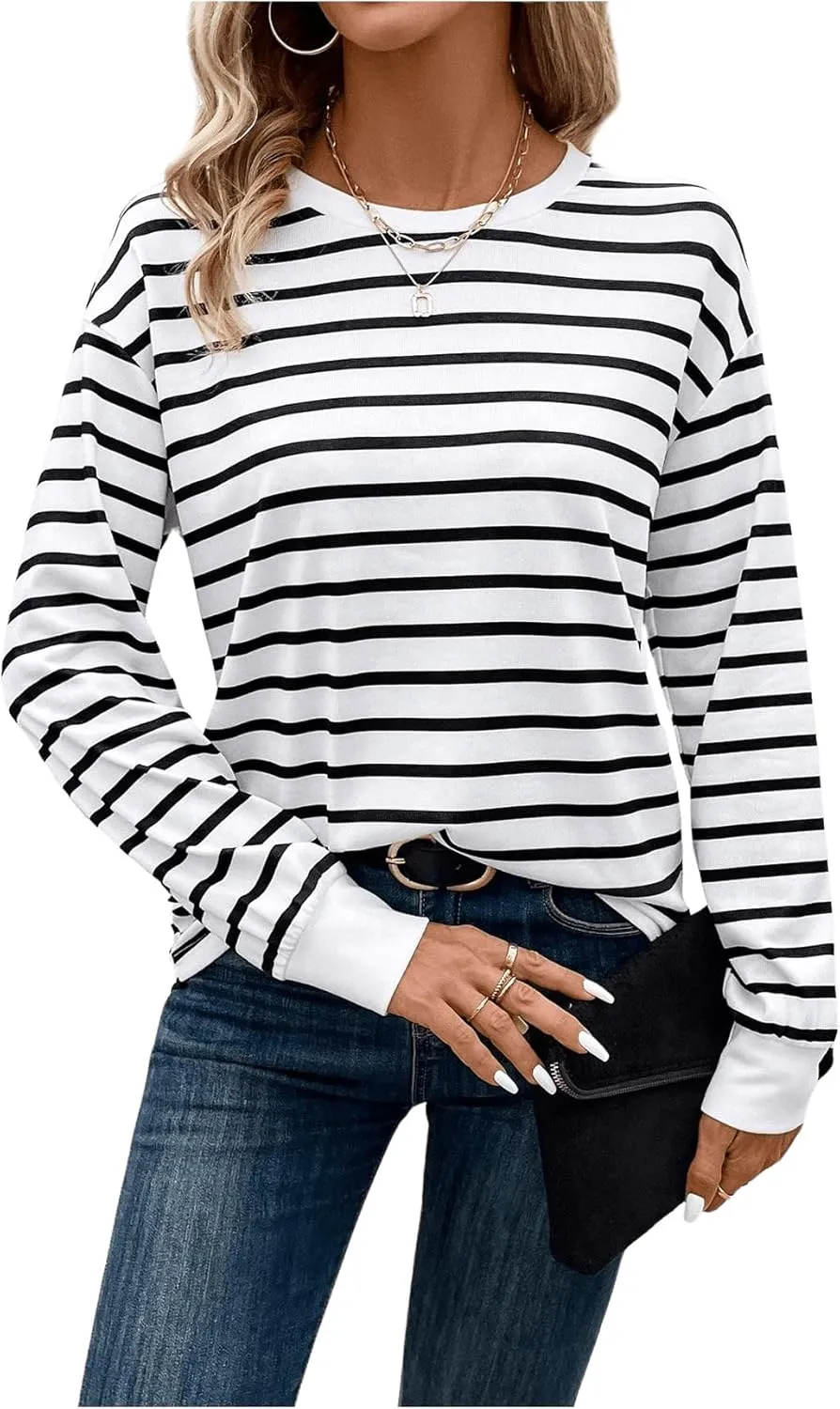 COZYEASE Women's Striped Long Sleeve Shirts Casual Crewneck Drop Shoulder Tops Basic Tees T Shirts