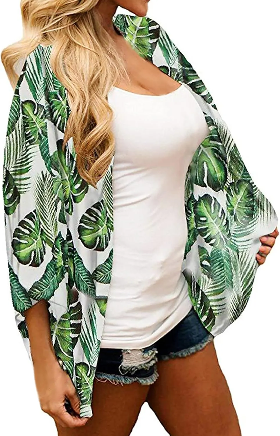 FINOCEANS Womens Floral Chiffon Kimono Cardigans Loose Beach Cover Up Half Sleeve Tops