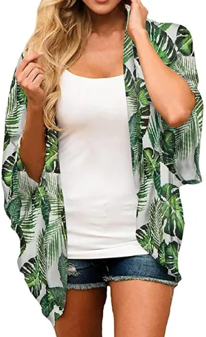 FINOCEANS Womens Floral Chiffon Kimono Cardigans Loose Beach Cover Up Half Sleeve Tops