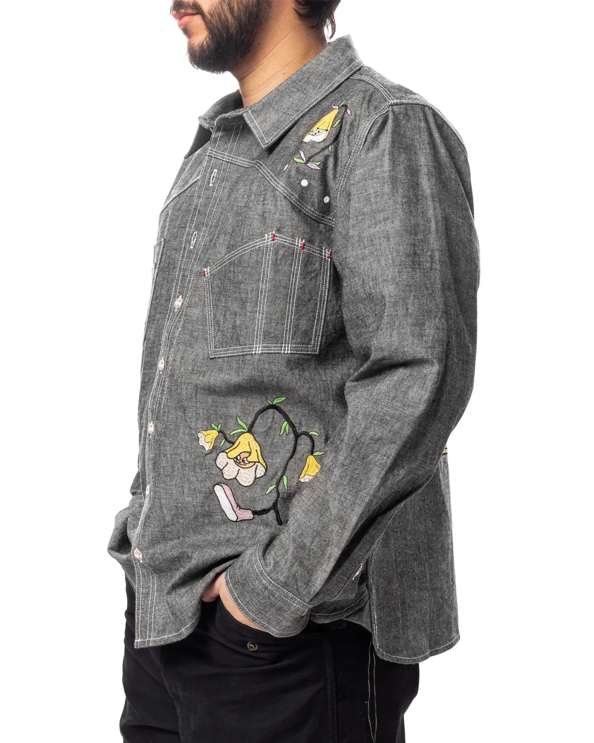 Garden Party Chambray Button Up Shirt Gray