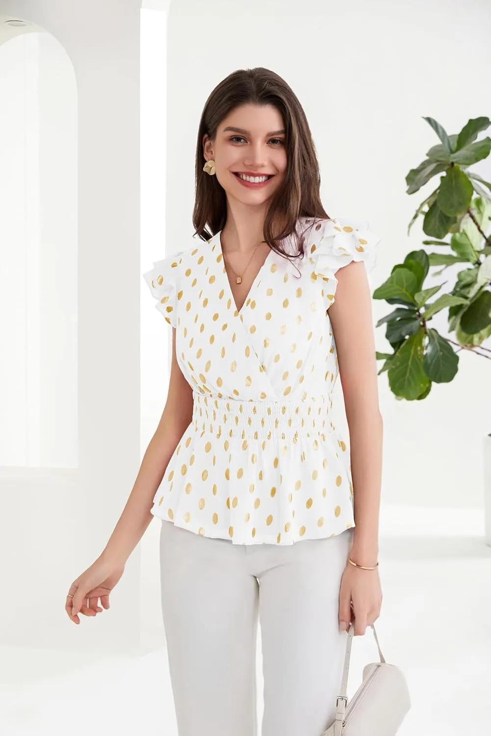 GRACE KARIN Peplum Tops for Women Wrap V Neck Business Casual Blouses Short Sleeve Polka Dot Ruffle Summer Tops Shirts