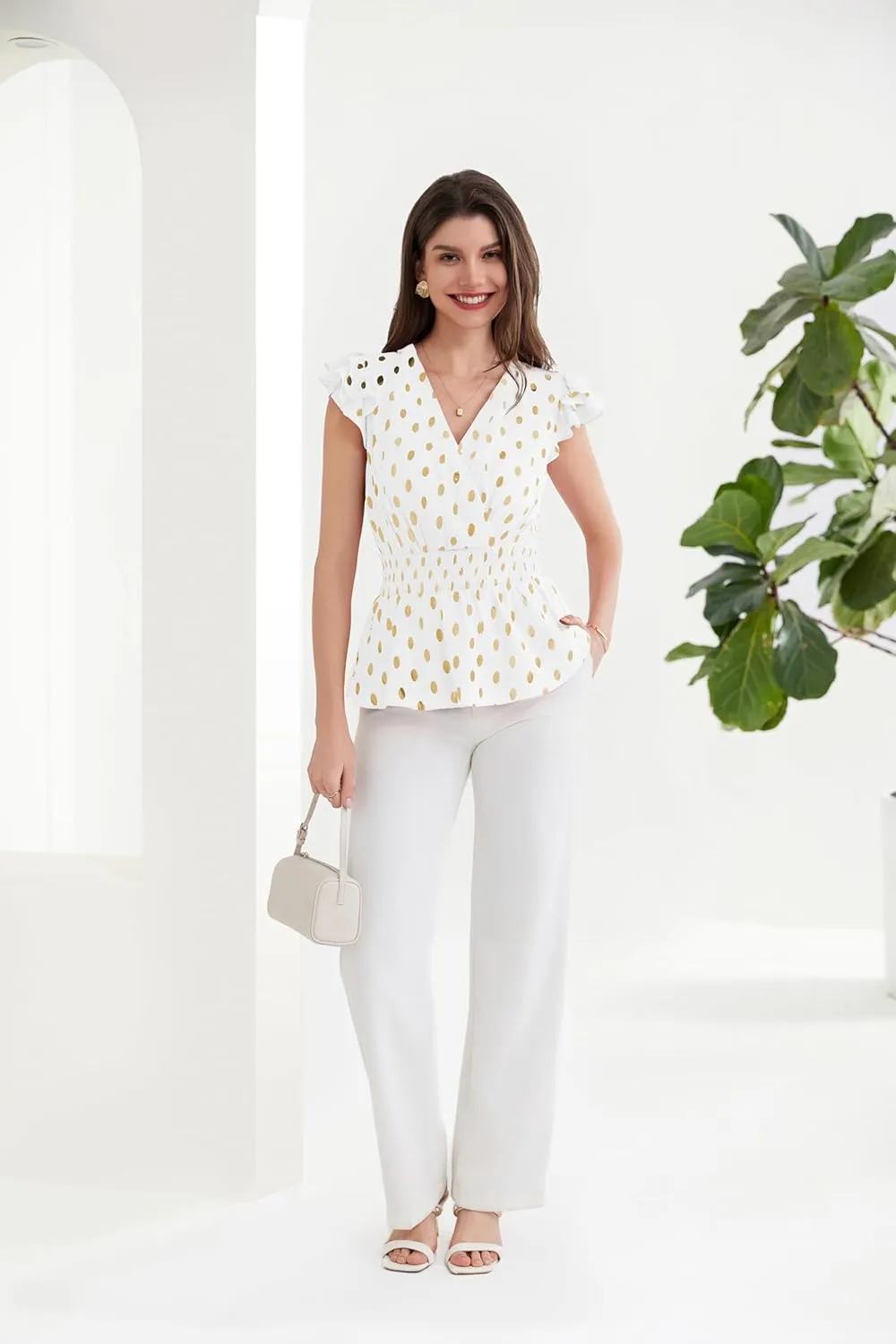 GRACE KARIN Peplum Tops for Women Wrap V Neck Business Casual Blouses Short Sleeve Polka Dot Ruffle Summer Tops Shirts