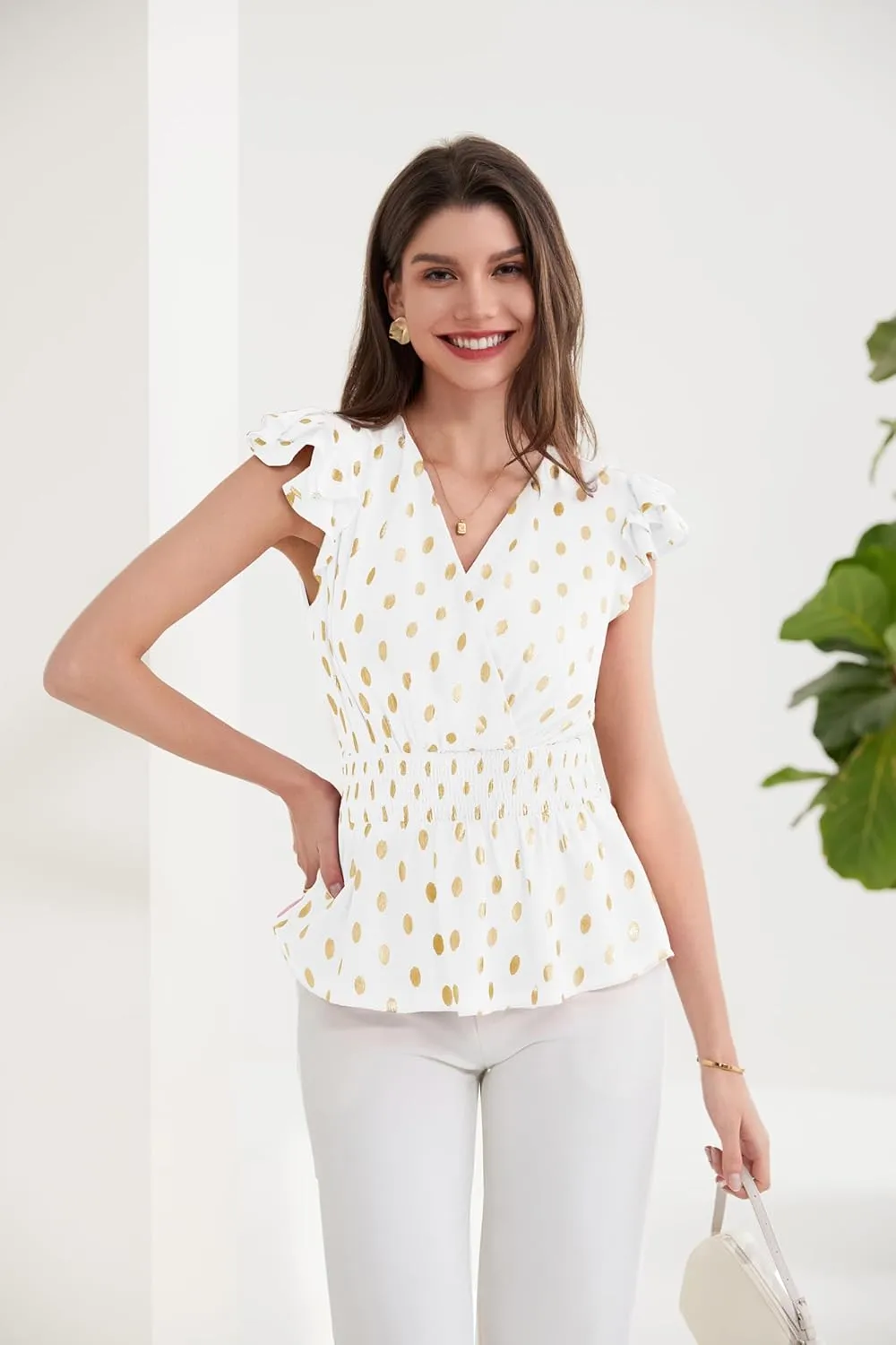 GRACE KARIN Peplum Tops for Women Wrap V Neck Business Casual Blouses Short Sleeve Polka Dot Ruffle Summer Tops Shirts