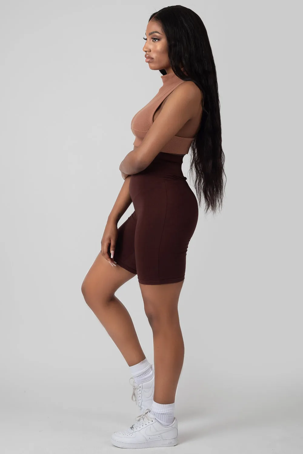 High Waisted Jersey Cycling Shorts Chocolate