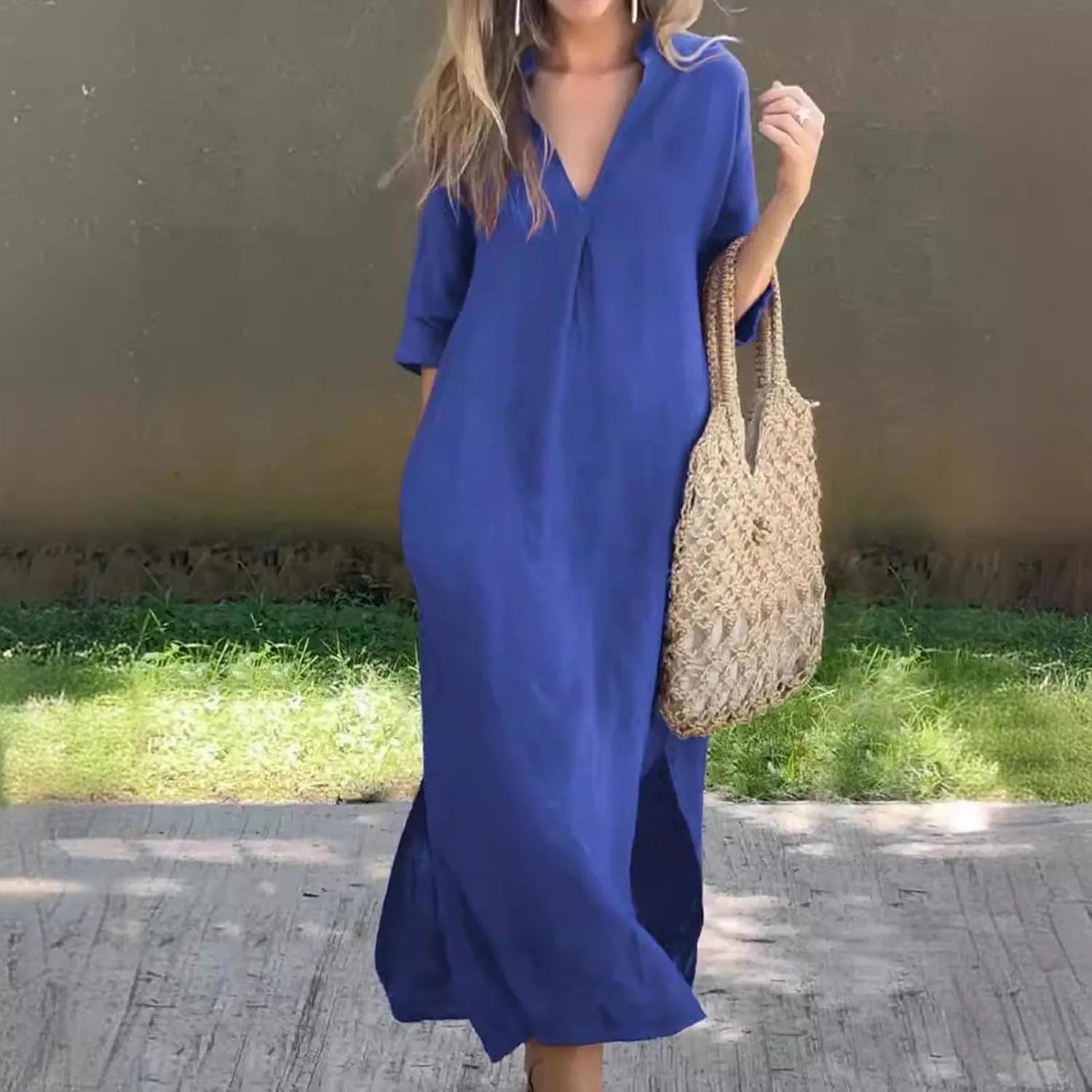 Linen Casual Dresses for Women Flowy V Neck Short Sleeve 2025 Maxi Dress Lightweight Summer Beach Vacation Clothes